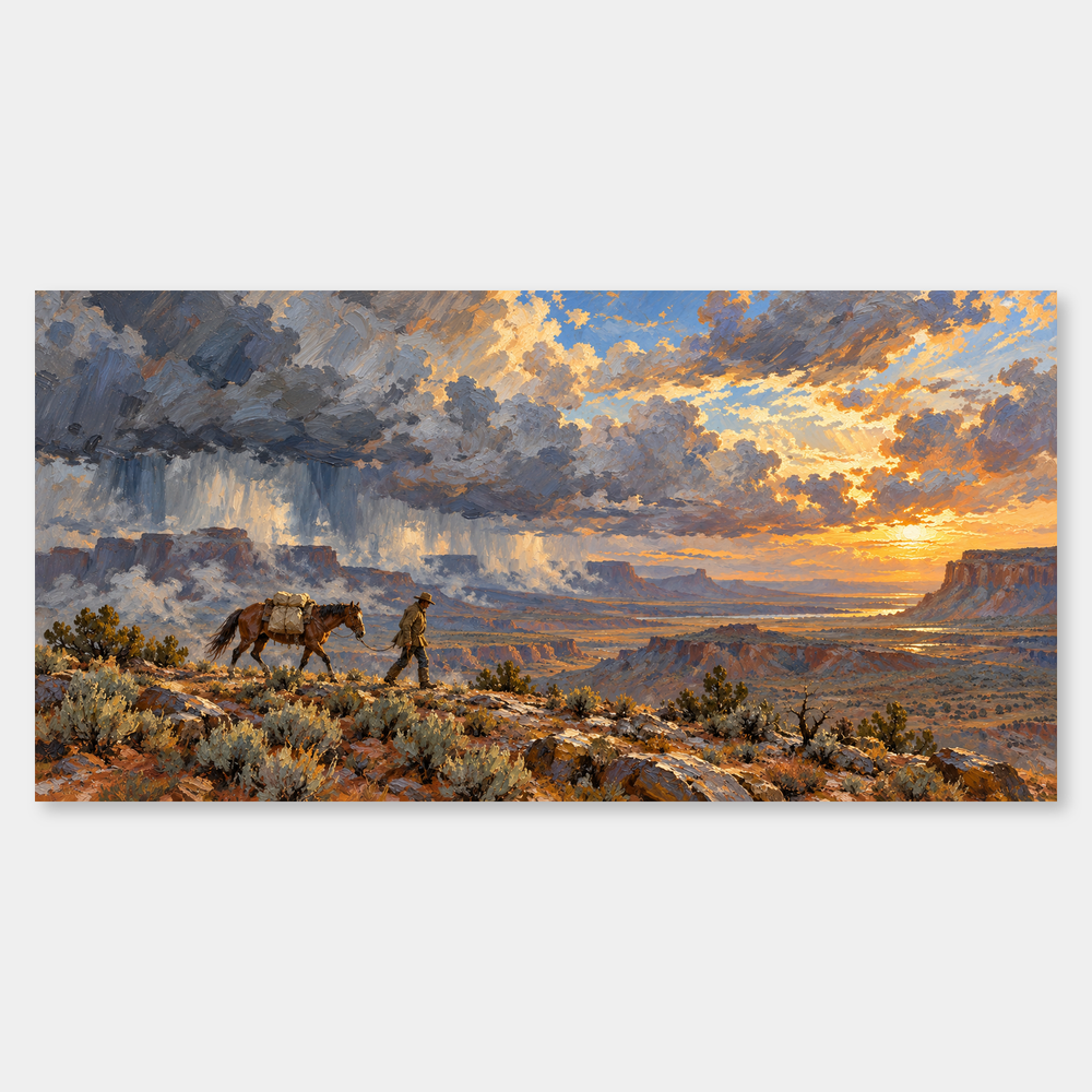 Rain Lifts Over the Breaks complete panoramic oil painting on a light grey background
