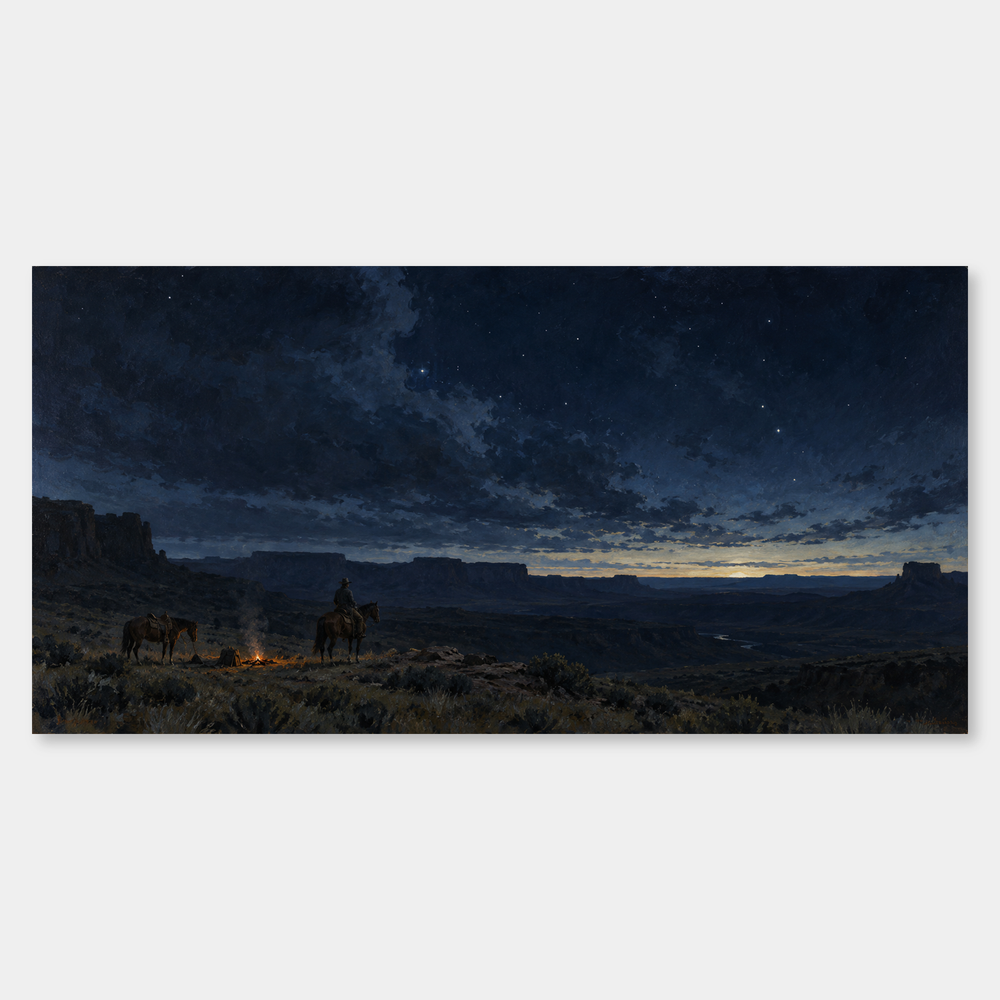 Last Watch Before Dawn panoramic oil painting, complete artwork on a light grey background
