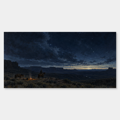 Last Watch Before Dawn panoramic oil painting, complete artwork on a light grey background