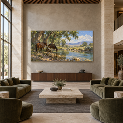 Cottonwood Water Stop above a walnut console in a spacious lobby
