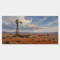 Windmill on Red Earth panoramic oil painting, complete artwork on a light grey background