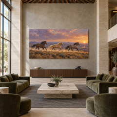 Mustang Run at Sundown above a walnut console in a spacious lobby