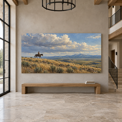 A Long Ride Across Open Range above an oak bench in a large entryway