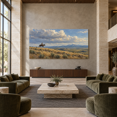 A Long Ride Across Open Range above a walnut console in a spacious lobby