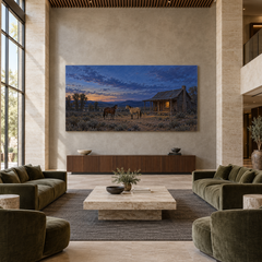 The Station at Blue Hour above a walnut console in a spacious lobby