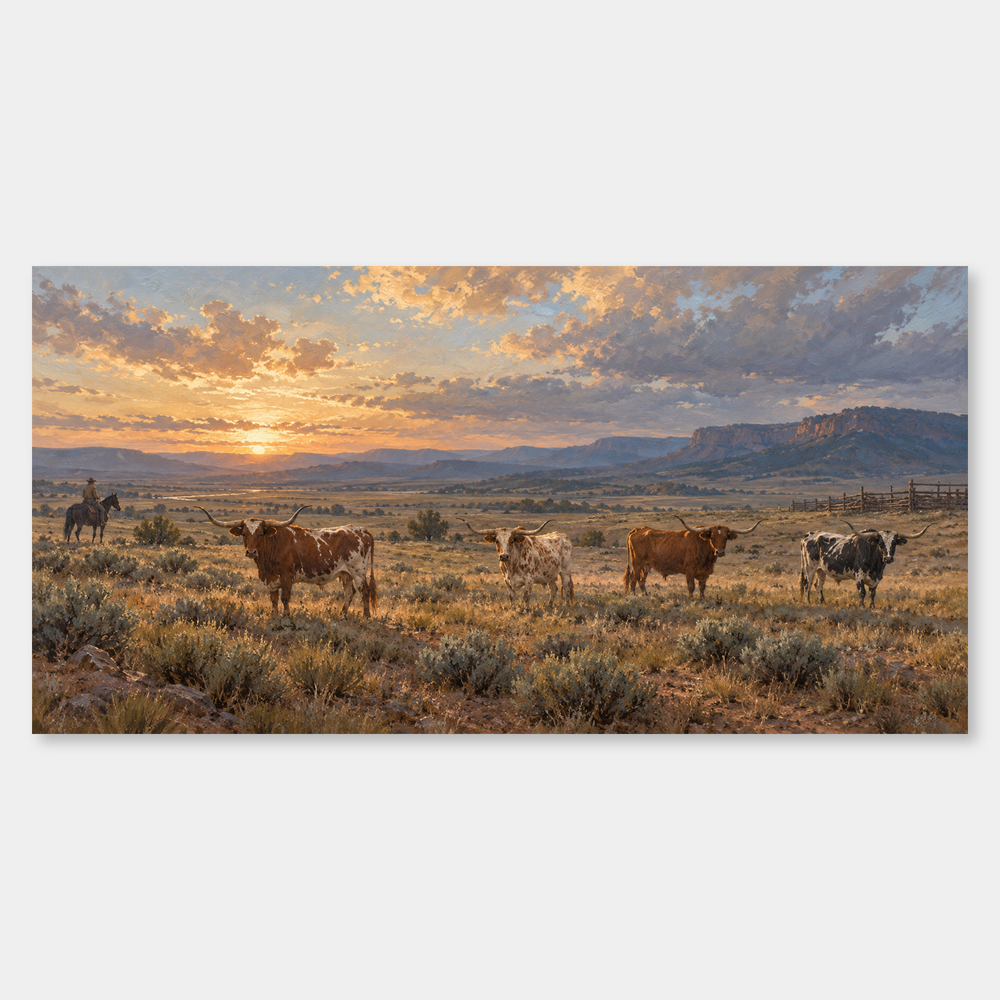 After the Roundup panoramic oil painting, complete artwork on a light grey background