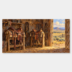 Saddles by the Open Door panoramic oil painting, complete artwork on a light grey background