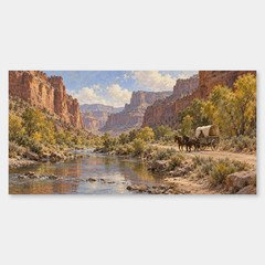 Through the Cottonwood Canyon panoramic oil painting, complete artwork on a light grey background