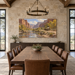 Through the Cottonwood Canyon above a long table in a limestone and leather dining room