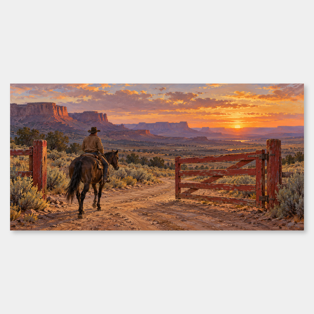 The Red Gate at Sundown panoramic oil painting, complete artwork on a light grey background
