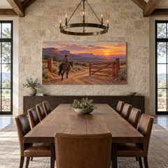 The Red Gate at Sundown above a long table in a limestone and leather dining room
