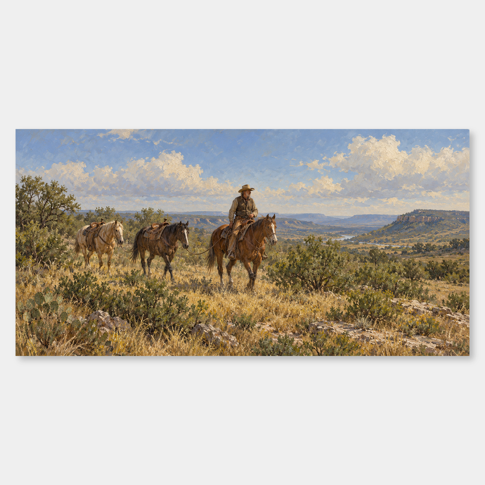 Brush Country Passage panoramic oil painting, complete artwork on a light grey background