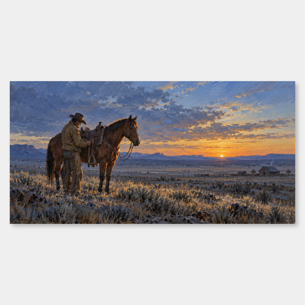 First Light on the Spur panoramic oil painting, complete artwork on a light grey background