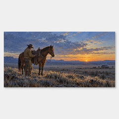 First Light on the Spur panoramic oil painting, complete artwork on a light grey background