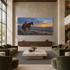 First Light on the Spur above a walnut console in a spacious lobby