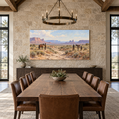 Rendezvous at the Dry Wash above a long table in a limestone and leather dining room