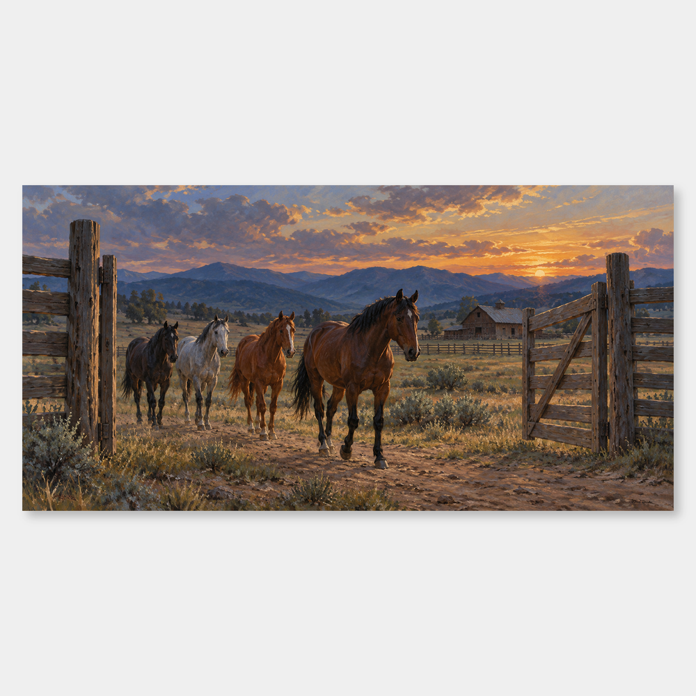 The Evening Corral panoramic oil painting, complete artwork on a light grey background