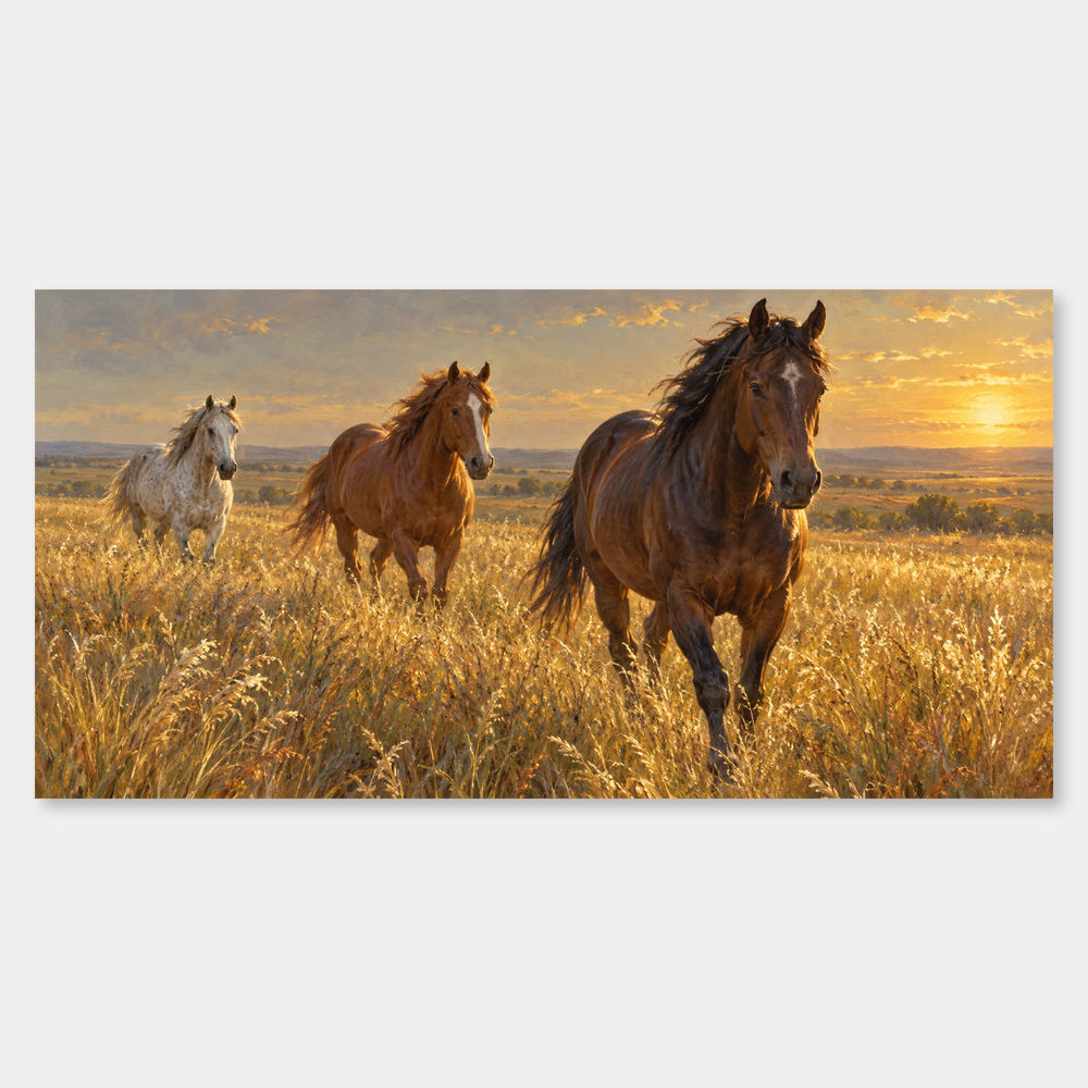 Horses in the High Grass panoramic oil painting, complete artwork on a light grey background