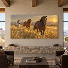Horses in the High Grass above a stone bench in a quiet ranch lounge