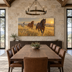 Horses in the High Grass above a long table in a limestone and leather dining room