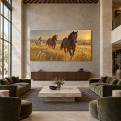 Horses in the High Grass above a walnut console in a spacious lobby