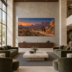 Desert Rider by Moonrise above a walnut console in a spacious lobby