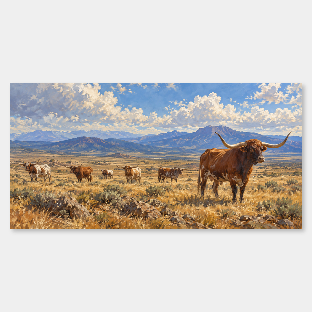 Open Range Horizon panoramic oil painting, complete artwork on a light grey background