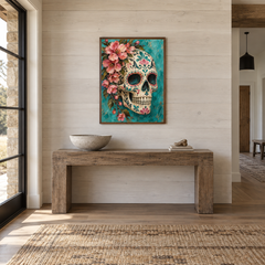 Floral Sugar Skull in Turquoise oil painting displayed in a entryway
