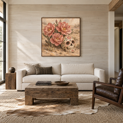 Desert Rose Sugar Skull oil painting displayed in a living room