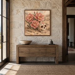 Desert Rose Sugar Skull oil painting displayed in a entryway