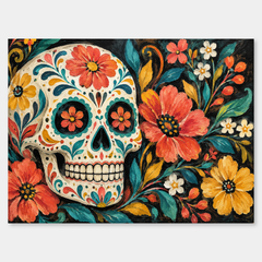 Folk Art Sugar Skull oil painting shown unframed on a neutral gray background
