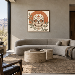 Neutral Boho Sugar Skull oil painting displayed in a living room
