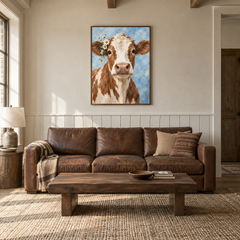 Floral Cow Portrait oil painting displayed in a living room