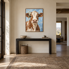 Floral Cow Portrait oil painting displayed in a entryway
