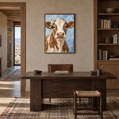 Floral Cow Portrait oil painting displayed in a study