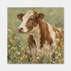 Cow with Wildflowers oil painting shown unframed on a neutral gray background