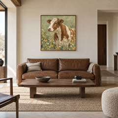 Cow with Wildflowers oil painting displayed in a living room