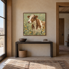Cow with Wildflowers oil painting displayed in a entryway