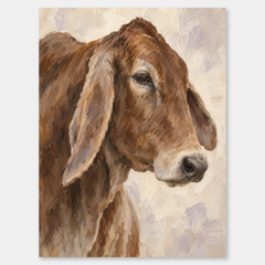 Rustic Long-Eared Cow Study oil painting shown unframed on a neutral gray background