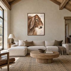 Rustic Long-Eared Cow Study oil painting displayed in a living room
