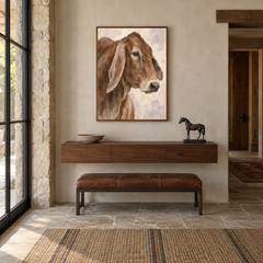 Rustic Long-Eared Cow Study oil painting displayed in a entryway