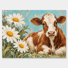 Cow & Daisies Folk Western Art oil painting shown unframed on a neutral gray background