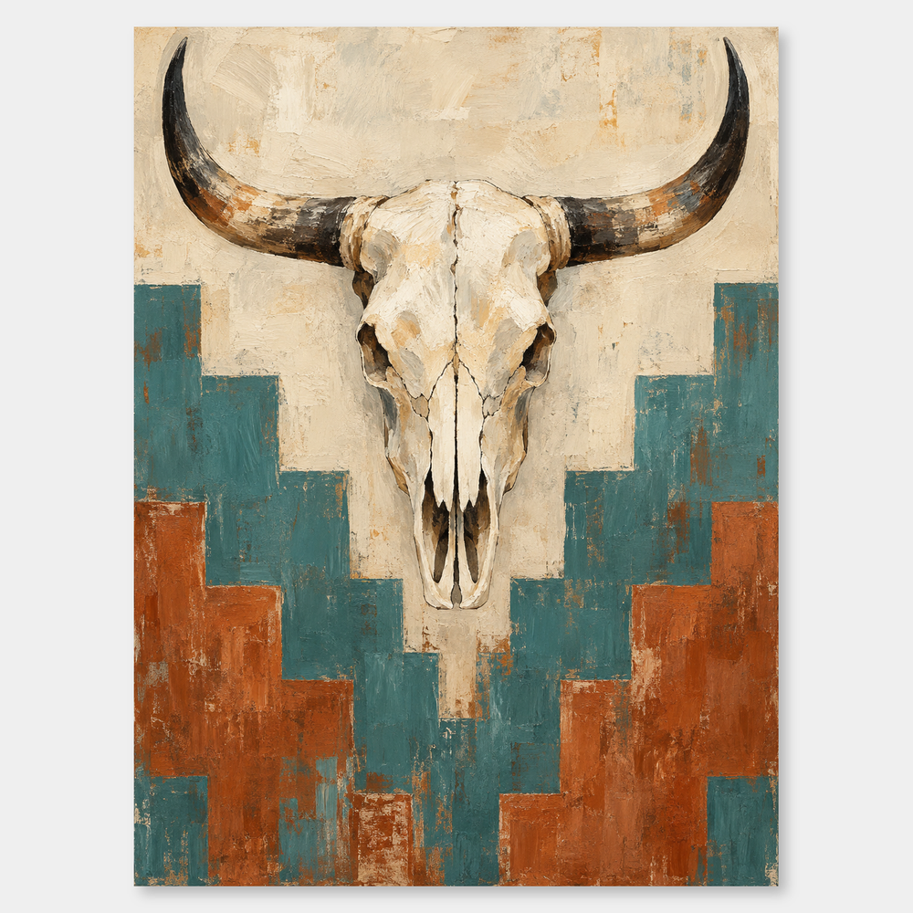 Cow Skull & Pattern oil painting shown unframed on a neutral gray background