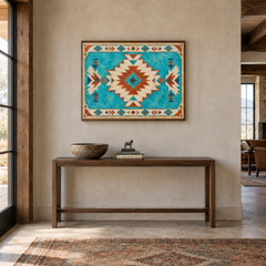 Turquoise Southwestern Medallion Pattern oil painting displayed in a Southwestern entryway