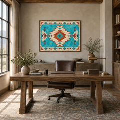 Turquoise Southwestern Medallion Pattern oil painting displayed in a rustic study