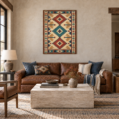 Long Runner Style Southwestern Pattern oil painting displayed in a ranch living room