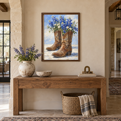 Bluebonnet Boots oil painting displayed above an entryway console