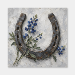 Old iron horseshoe with blue wildflower stems in a square oil still life on cool gray-white