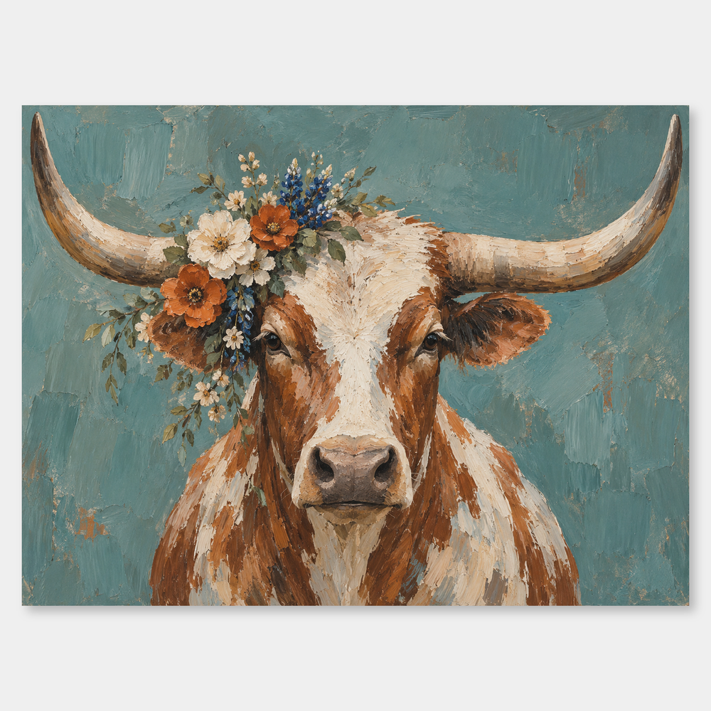 Frontal brown and cream longhorn with wide horns and loose blue, orange and white flowers on muted teal