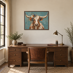 Longhorn With Wildflower Crown oil painting displayed in a home office
